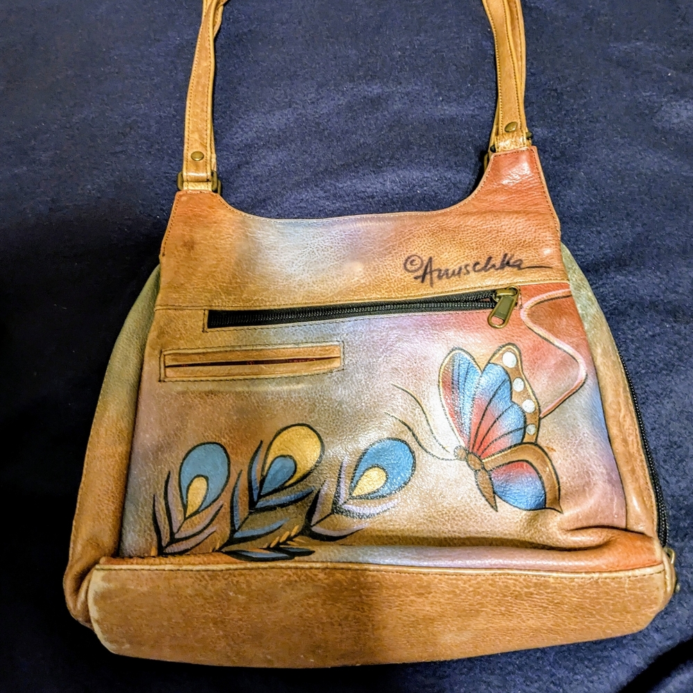 Anuschka Leather Hand Painted Medium Hobo Handbag